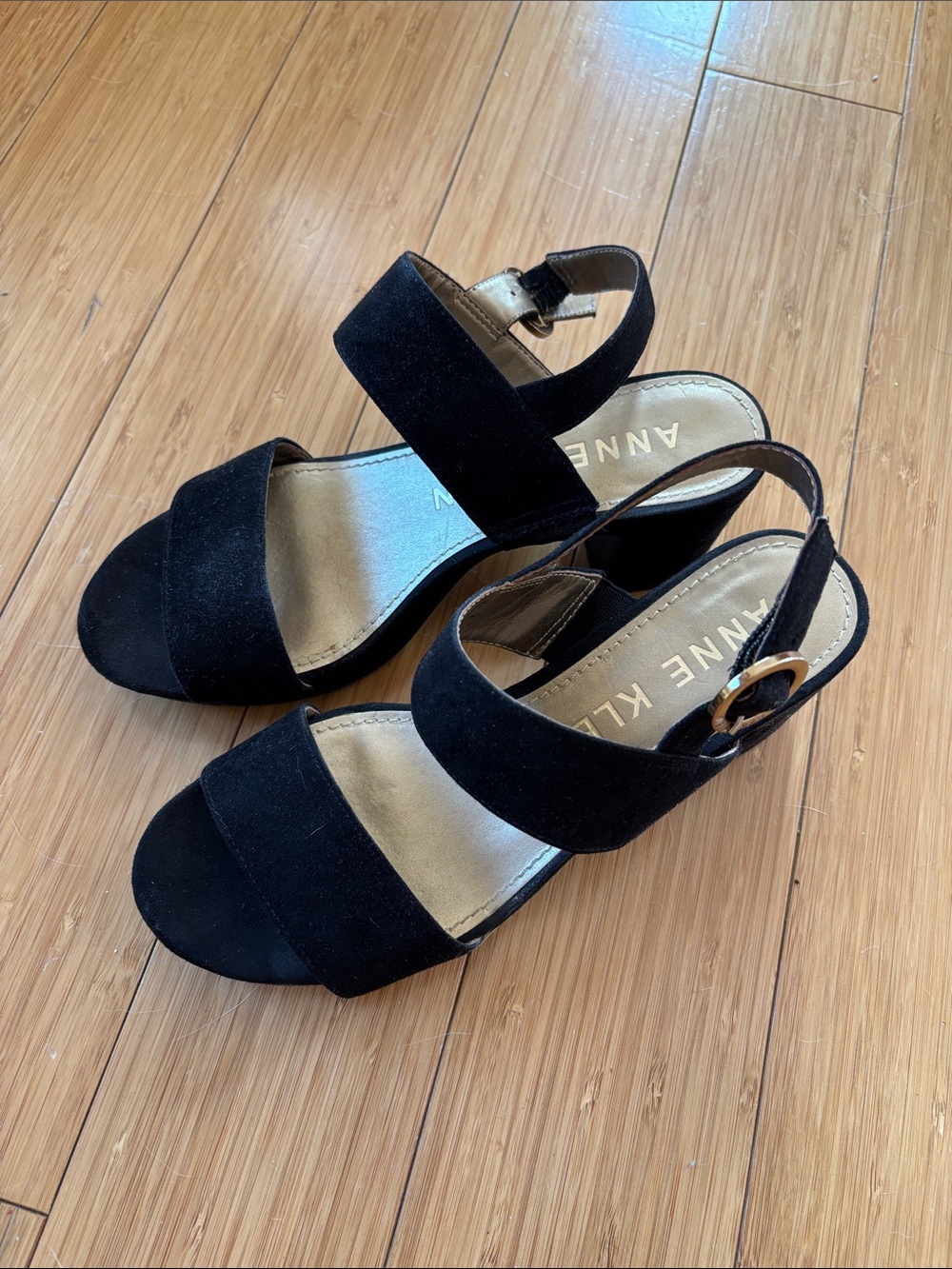 Anne Klein Black Suede Block Heel Sandals with Gold Buckle